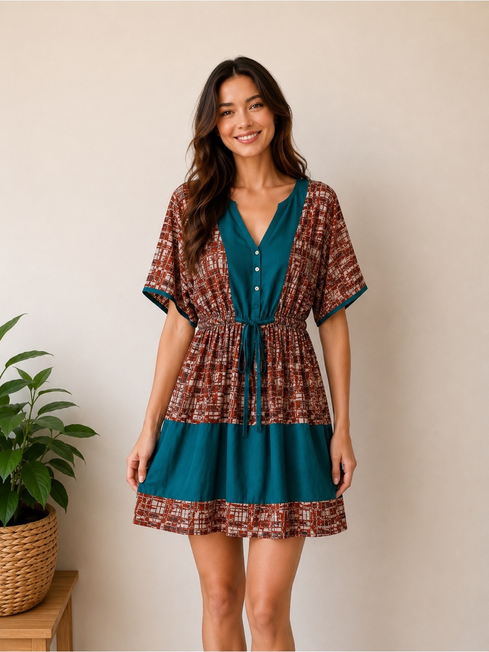 Peppermint USA Teal Rust Geometric Short Sleeve Dress Size M